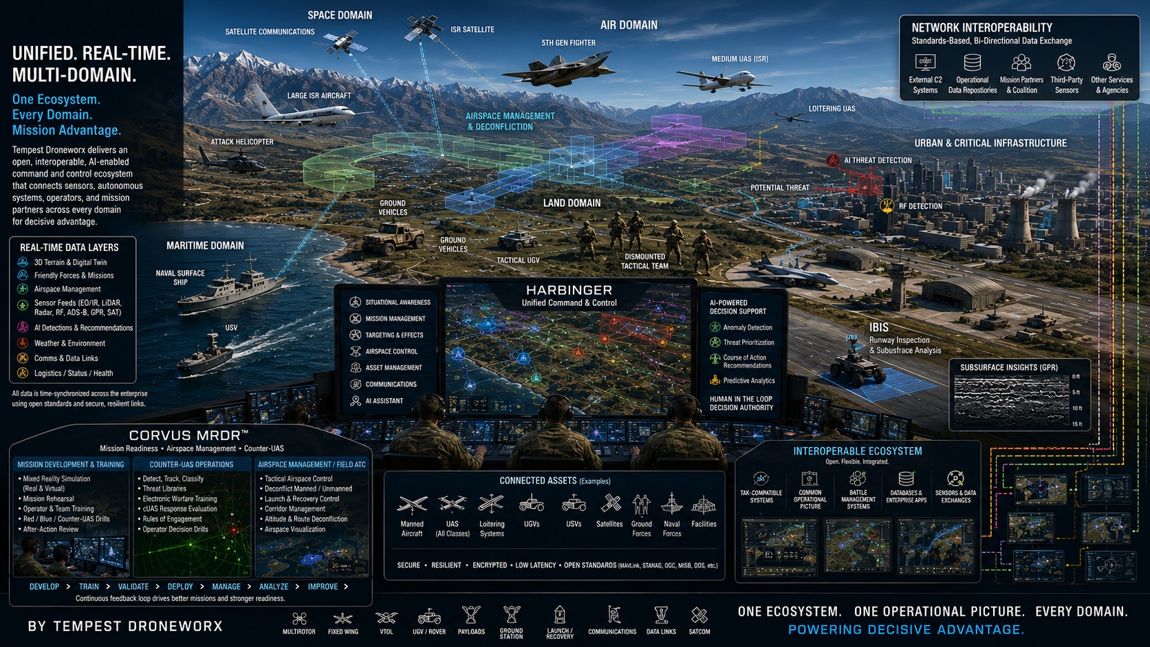 Tempest Droneworx&trade; ecosystem OV-1 — Harbinger&trade;, IBIS&trade;, and Corvus MRDR&trade; operating across space, air, land, maritime, and subsurface domains