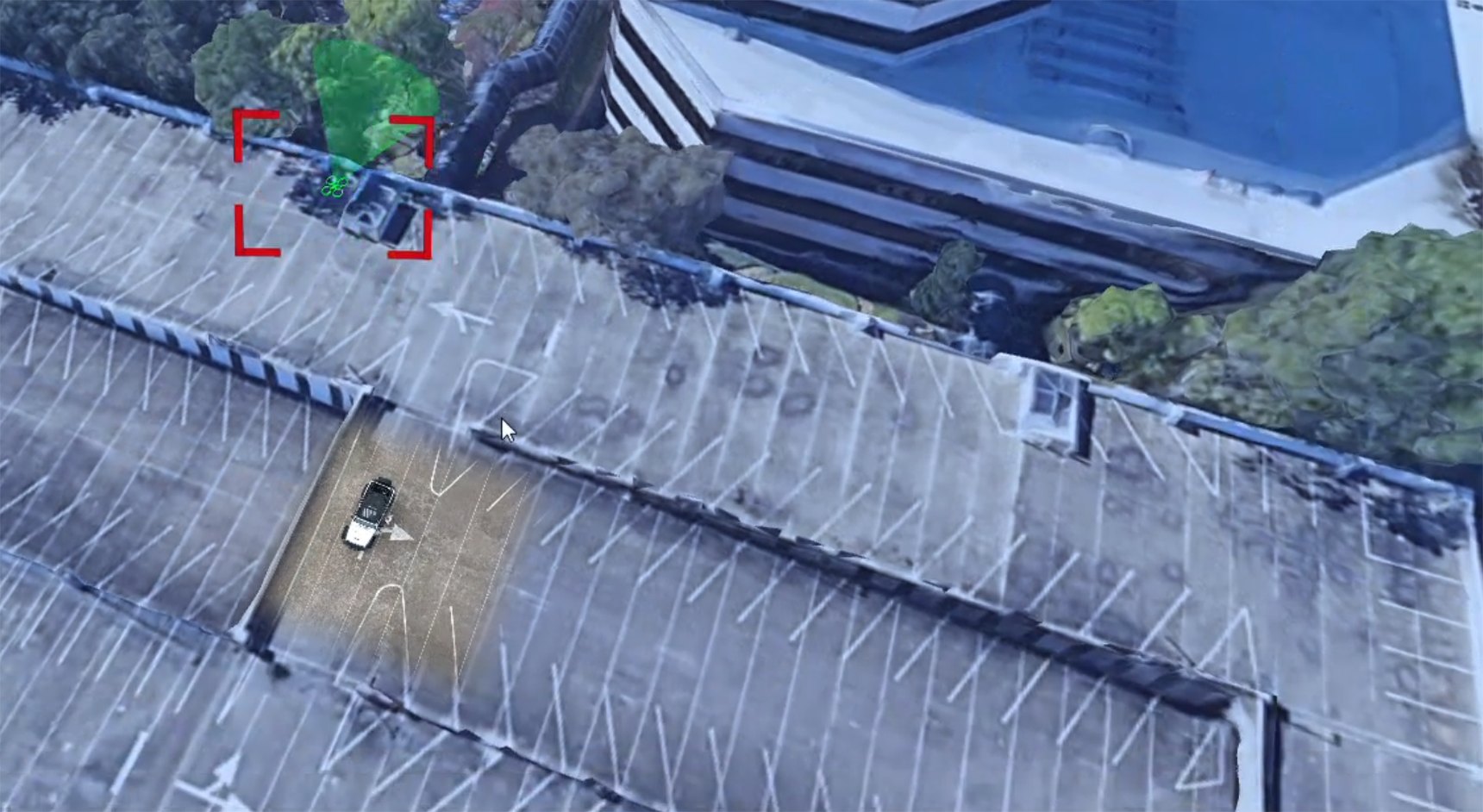 The Harbinger&trade; interface — a live drone mission over a real-world 3D environment: live drone video in context, sensor positions and integrated robotics control
