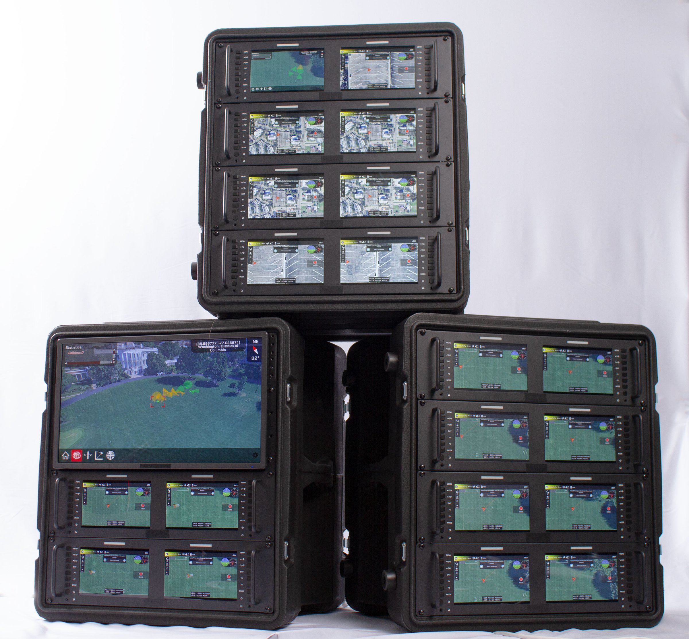 The three Corvus MRDR&trade; configurations in rugged transit cases: MRDR-187 Enterprise on top, MRDR-1 Foundation on the left, and MRDR-2 Expansion on the right.