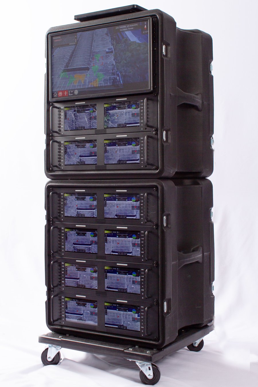 An MRDR-2 expansion stacked beneath an MRDR-1 foundation on a rolling transit cart