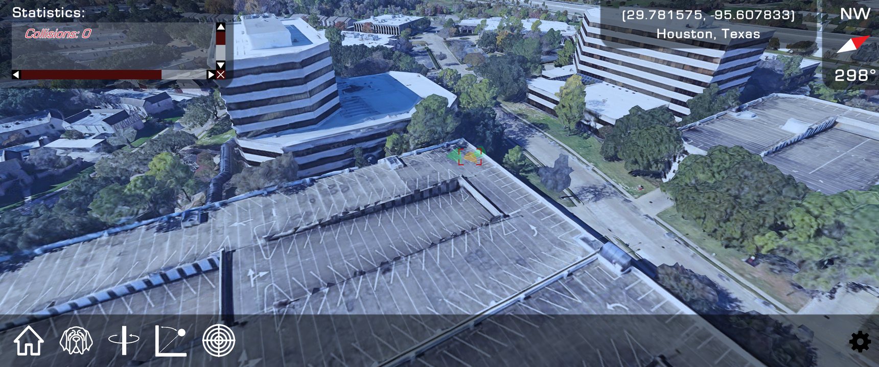 Corvus RAVN&trade; real-time 3D operating picture: photorealistic 3D terrain over Houston, Texas, with live vehicle markers, coordinates, and heading.